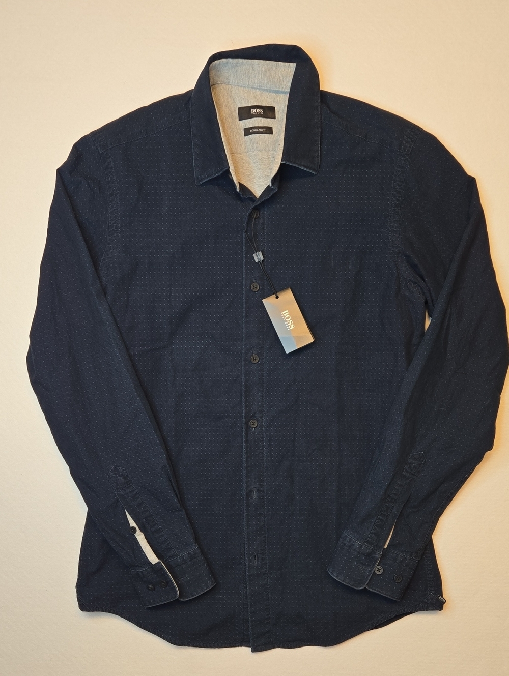 Hugo Boss Navy Blue Long-Sleeve Button-Up Shirt with Gray Cotton Lining